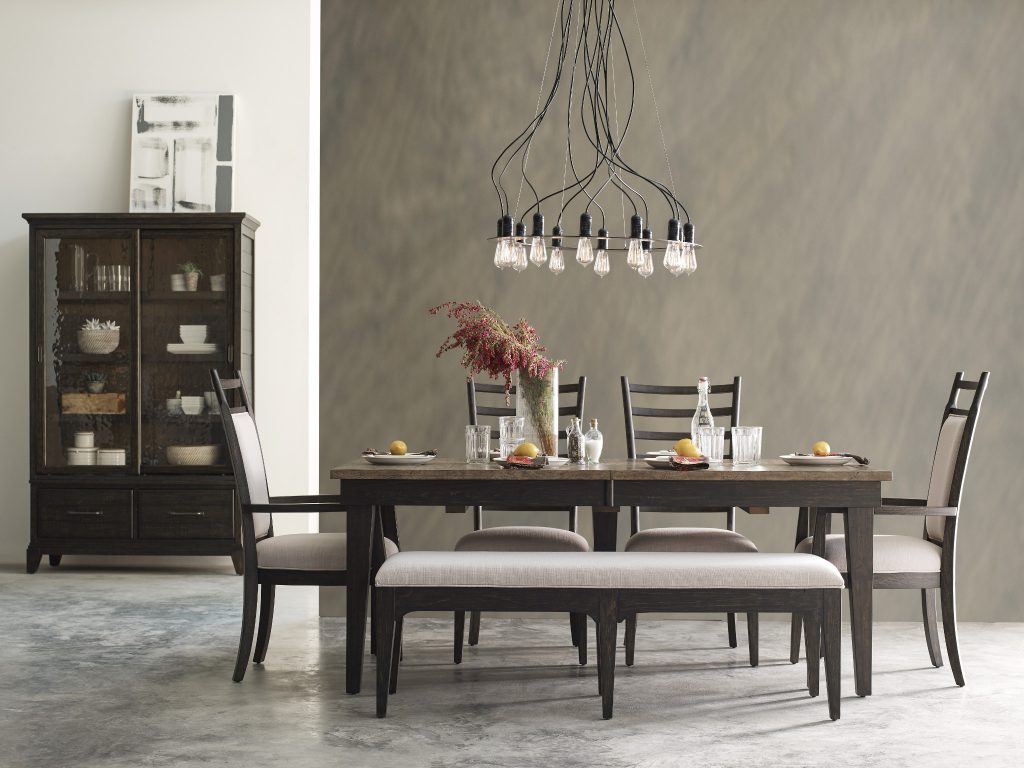 Add intrigue to your dining room with this edgy, industrial style, dark finish dining room set from Kincaid's Plank Road.
