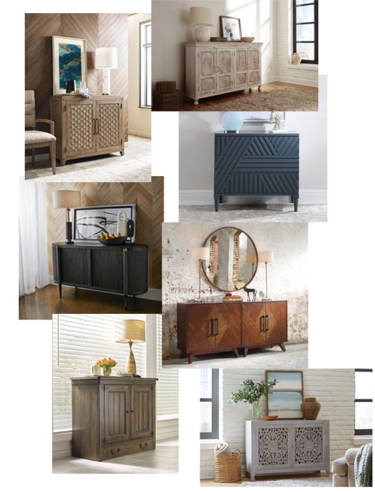 Collage of accent cabinets from brand such as Hammary, Kincaid, and Uttermost.