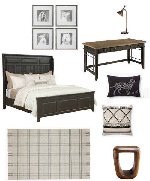 Neutral room decorating ideas for kids with a bed spread, desk, rug, throw pillows, and more.