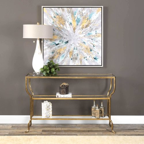 traditional furniture glass console table with lamp and accent wall painting