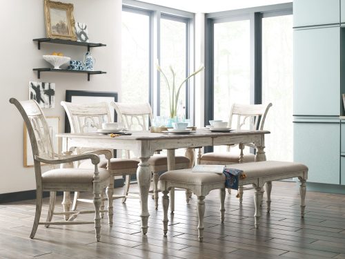 cream colored dining room table set with bench from Kincaid.