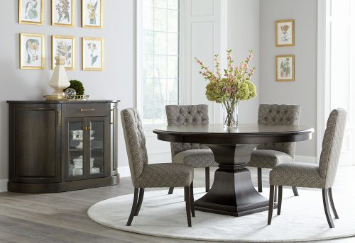 grey round dining room table set with fabric seats from Fusion Designs