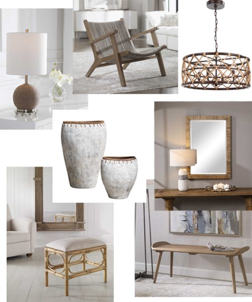 Rattan furniture featuring a chair, chandelier, vases, lamp, and benches.