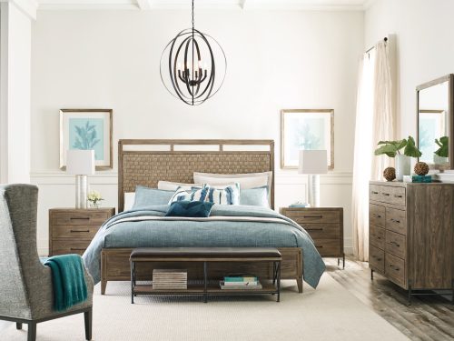bedroom design ideas with blue green bedding and bamboo styled bed frame from Kincaid