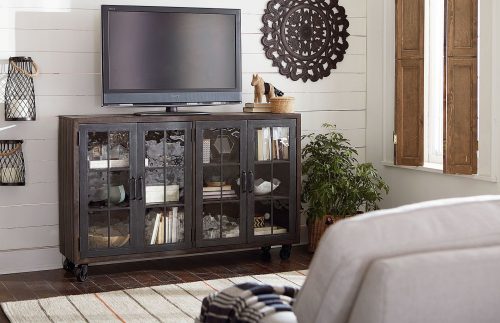 dark wood and glass tv console for room storage
