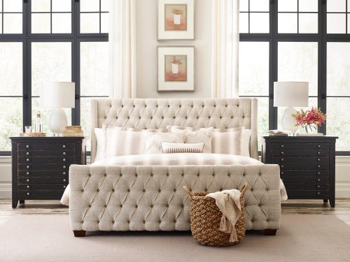 bedroom design ideas from Kincaid featuring a cream colored bed frame and dark chocolate colored side tables