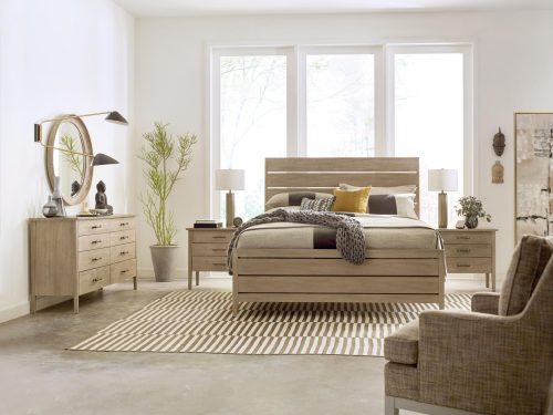 bedroom ideas from Kincaid featuring a wooden bed frame and dresser with accent chair