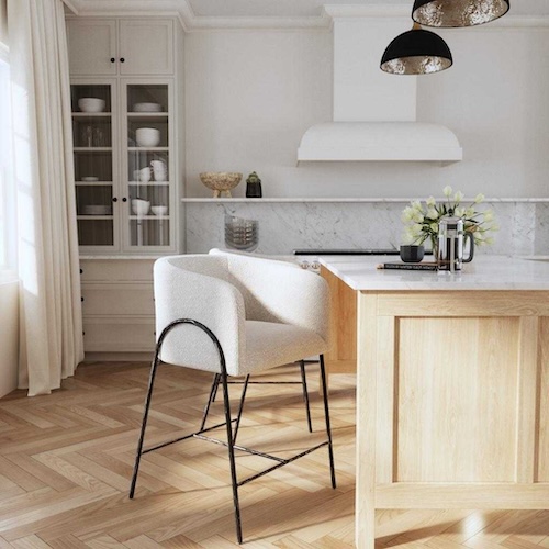 an image of a white modern kitchen counter stool