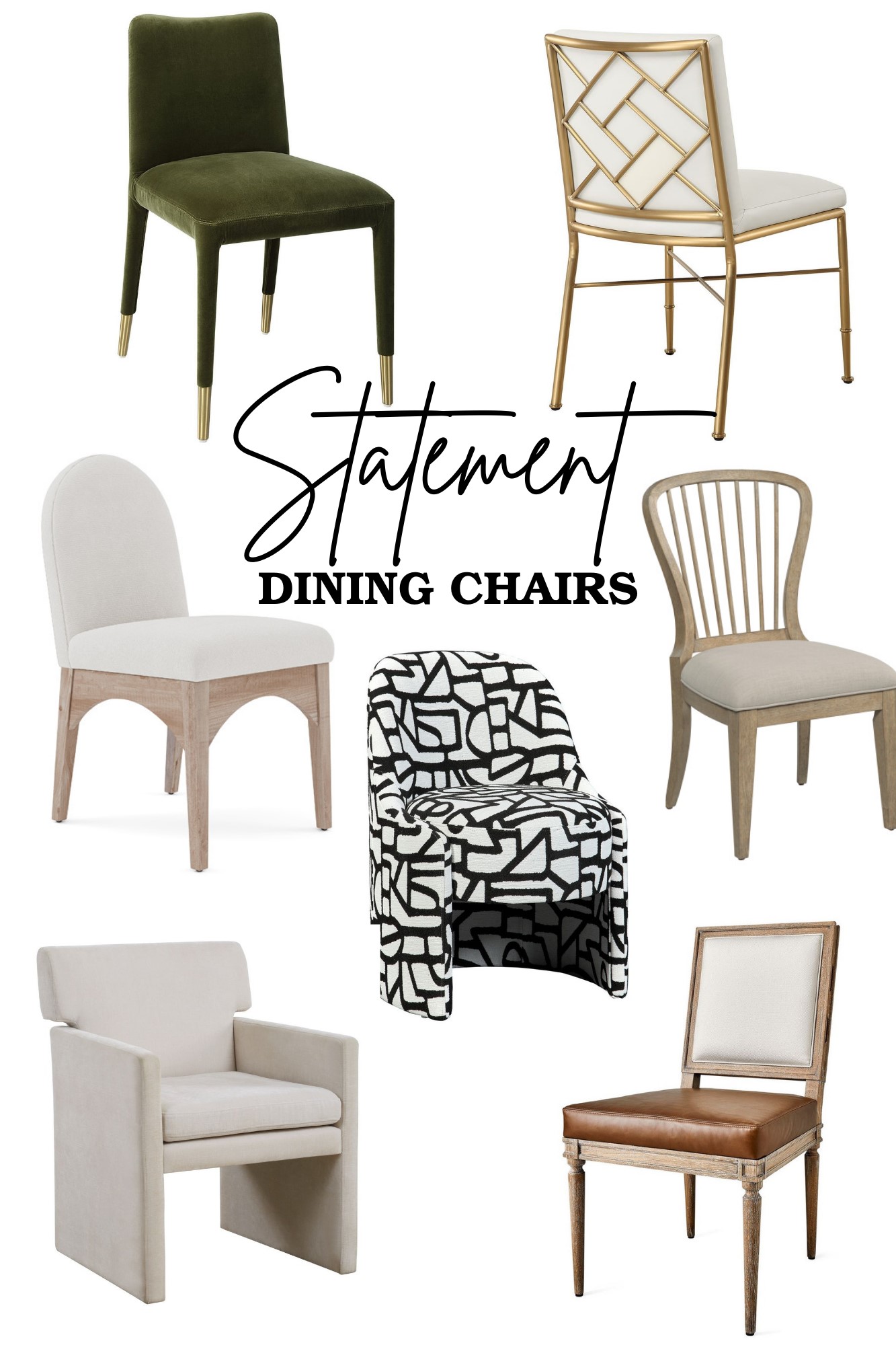 A collection of stylish statement dining chairs in various designs, including upholstered, spindle-back, velvet, and brass-accented options, perfect for modern and elegant dining spaces.