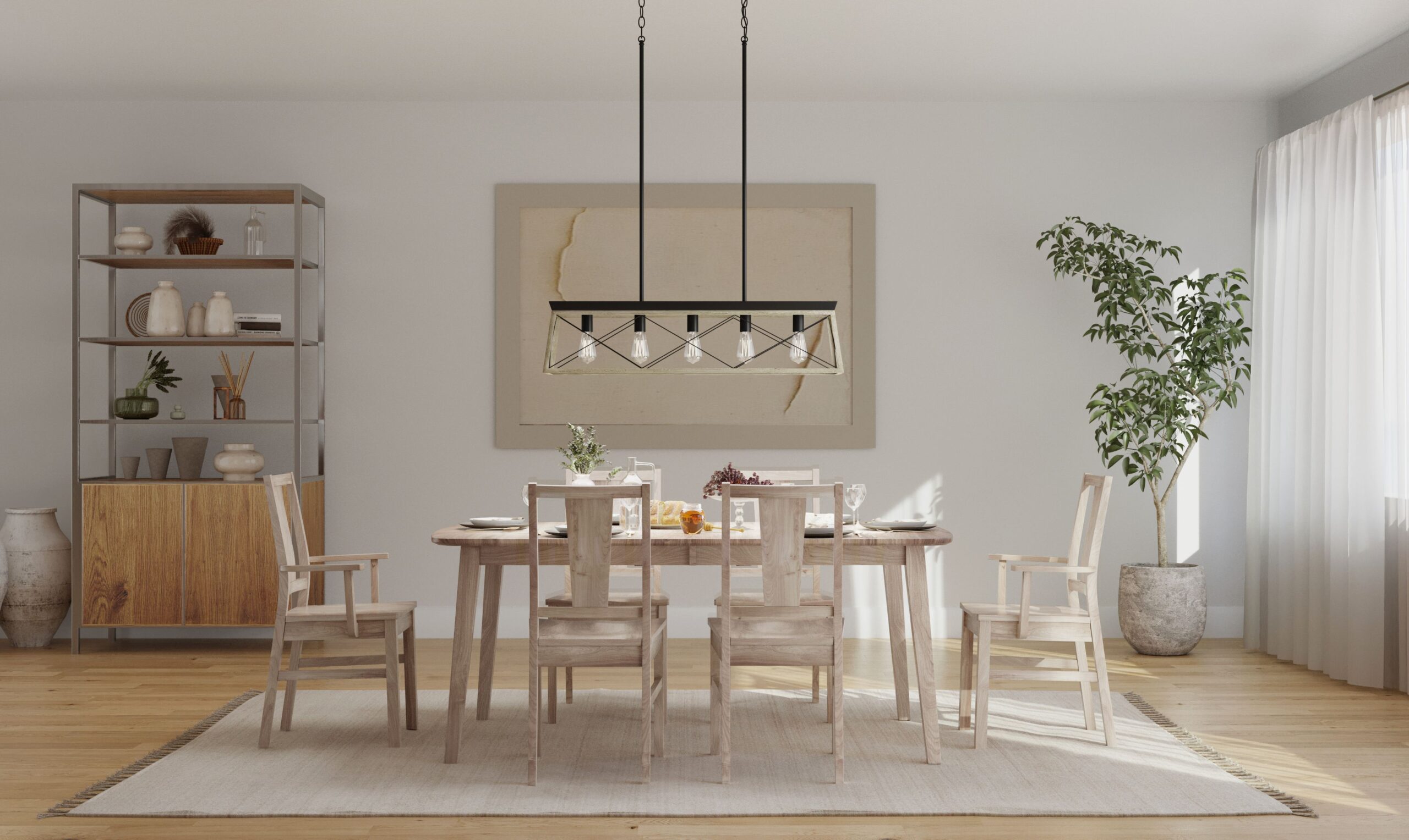 Modern dining room featuring a wooden dining table with matching chairs, a sleek black pendant light, and minimalist decor in a bright, neutral-toned space.