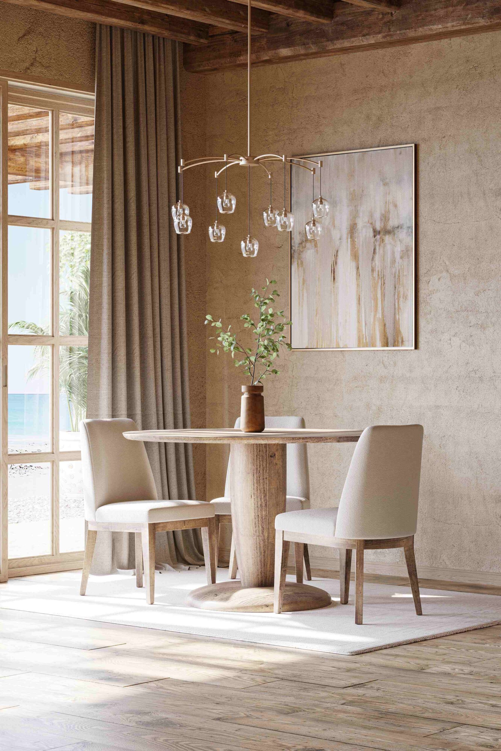 Modern dining room with a round wooden table, upholstered chairs, a sculptural chandelier, and neutral-toned decor, featuring natural textures and soft lighting.