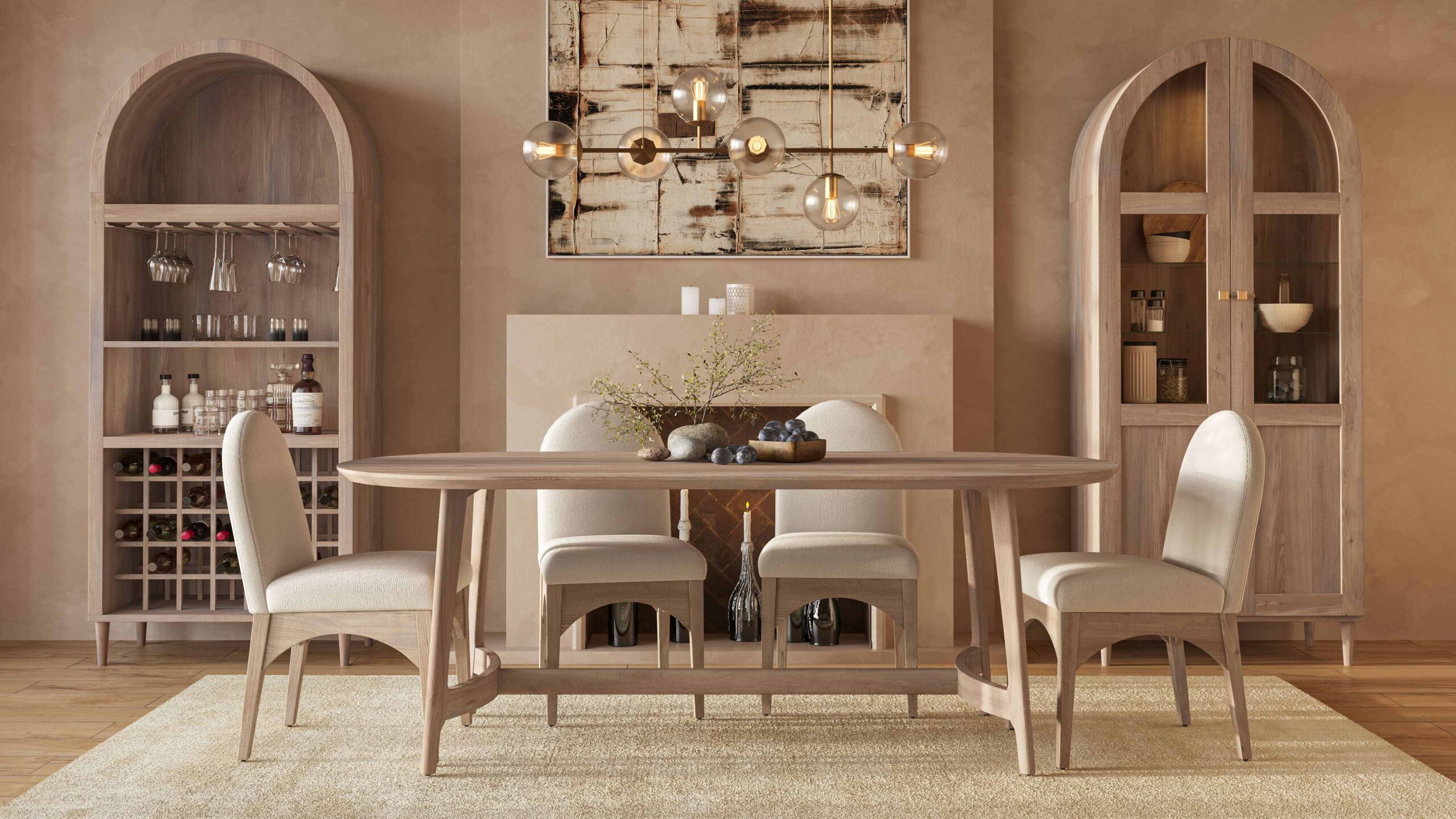 Modern dining room featuring a sleek wooden dining table, upholstered chairs, arched storage cabinets, and a statement chandelier in a warm, neutral-toned setting.