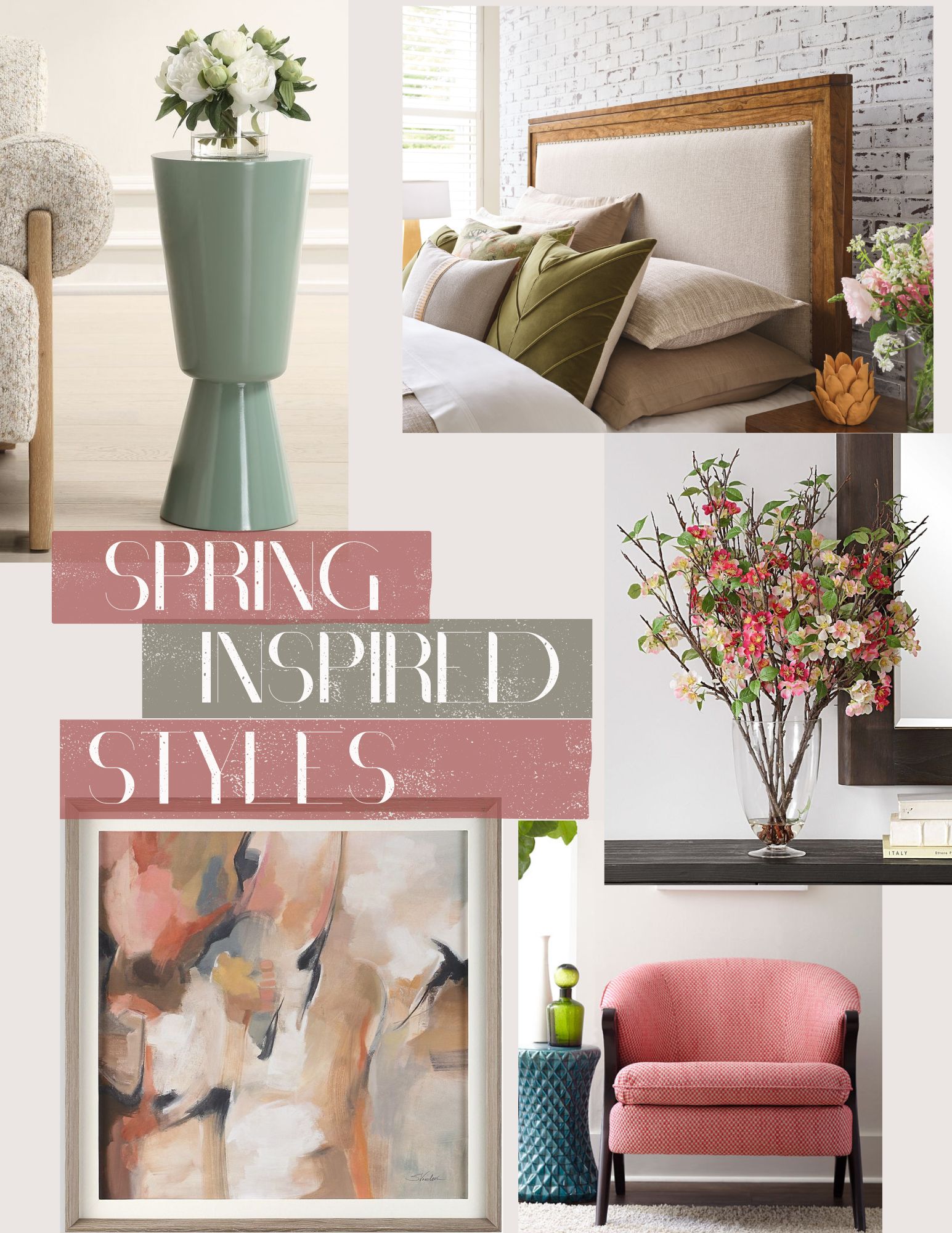 "A collage of spring decor featuring a green side table with white flowers, a cozy bedroom with neutral and green pillows, a pink accent chair, a vibrant floral arrangement, and abstract artwork in soft pastel tones. Fresh and stylish spring decor ideas to refresh your home.