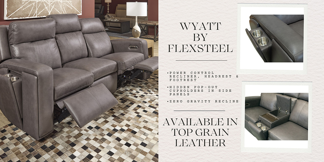 Wyatt by Flexsteel power reclining furniture in top grain leather, featuring power recline, hidden pop-out cup holders, and a center console with storage.